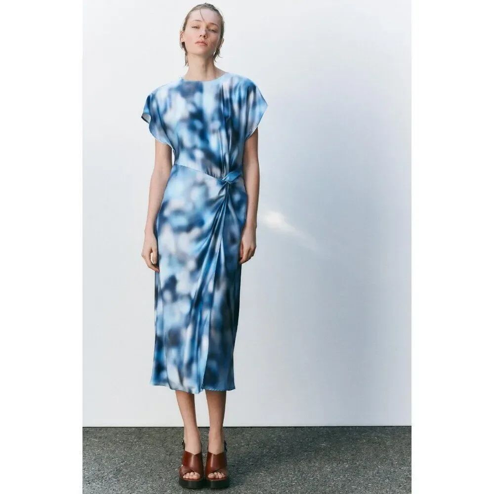 Zara Womens Midi Dress M Medium Blue Satin Tie Dye short Sleeve 6962/024 NWT